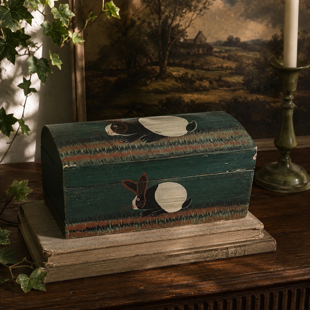 Hand Painted Rabbit Wooden Keepsake Box Folk Art Jewelry Storage Whimsygoth